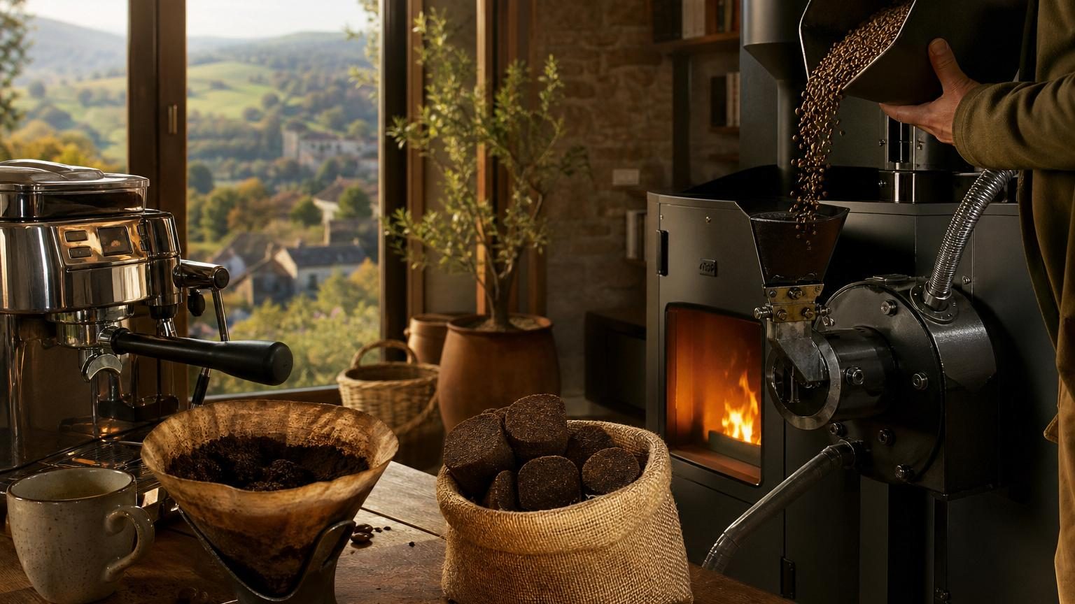 Une chaudière biomasse remplie de marc de café séché transformé en briquettes, illustrant le processus de valorisation énergétique d'un déchet quotidien.
