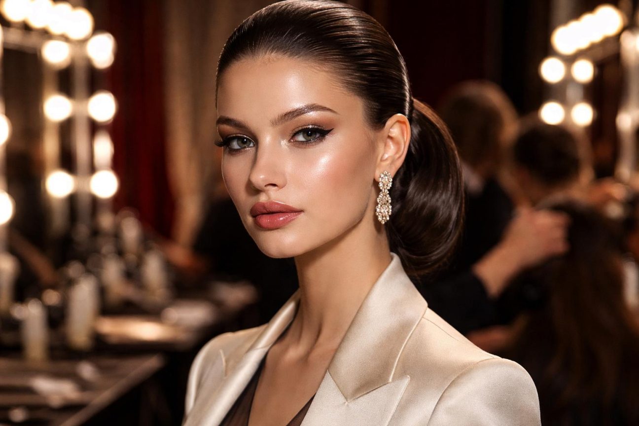 Détail d'une coiffure lissée sans raie visible, cheveux brossés vers l'arrière créant une surface continue et épurée, mettant le visage en avant-plan.