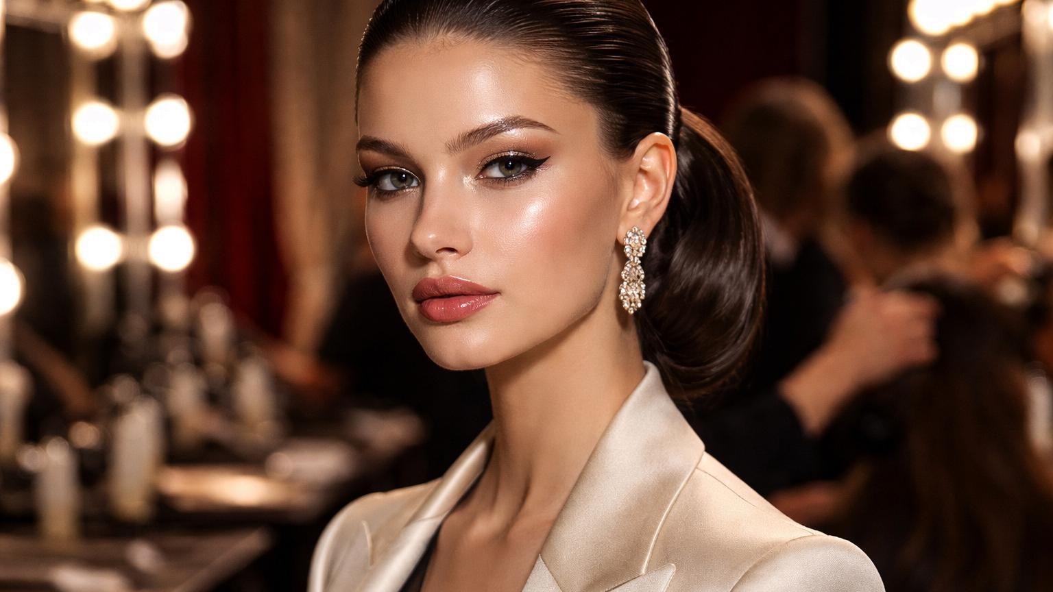 Détail d'une coiffure lissée sans raie visible, cheveux brossés vers l'arrière créant une surface continue et épurée, mettant le visage en avant-plan.