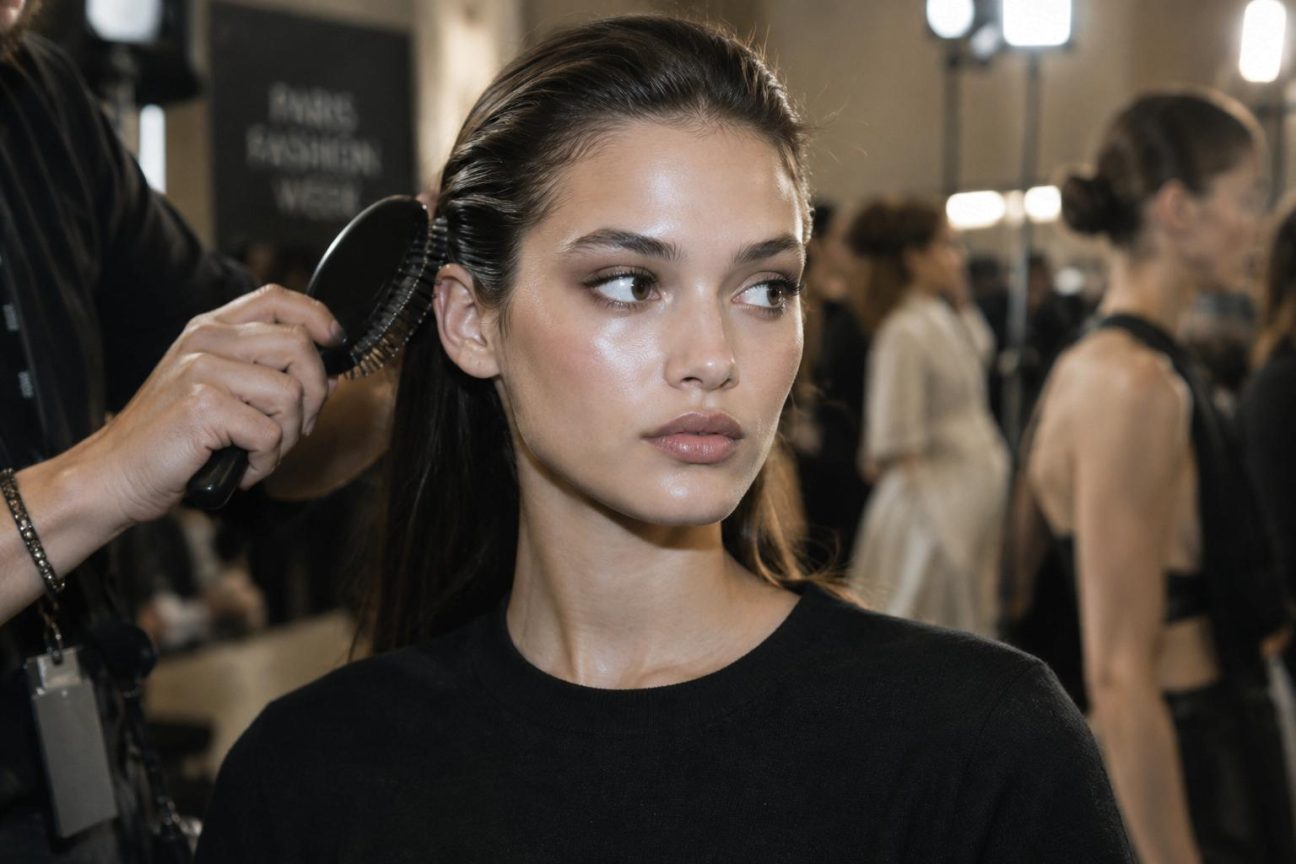 Femme aux cheveux lissés en arrière sans raie visible, cheveux dégageant le front, maquillage lumineux et minimaliste, allure sophistiquée et épurée.