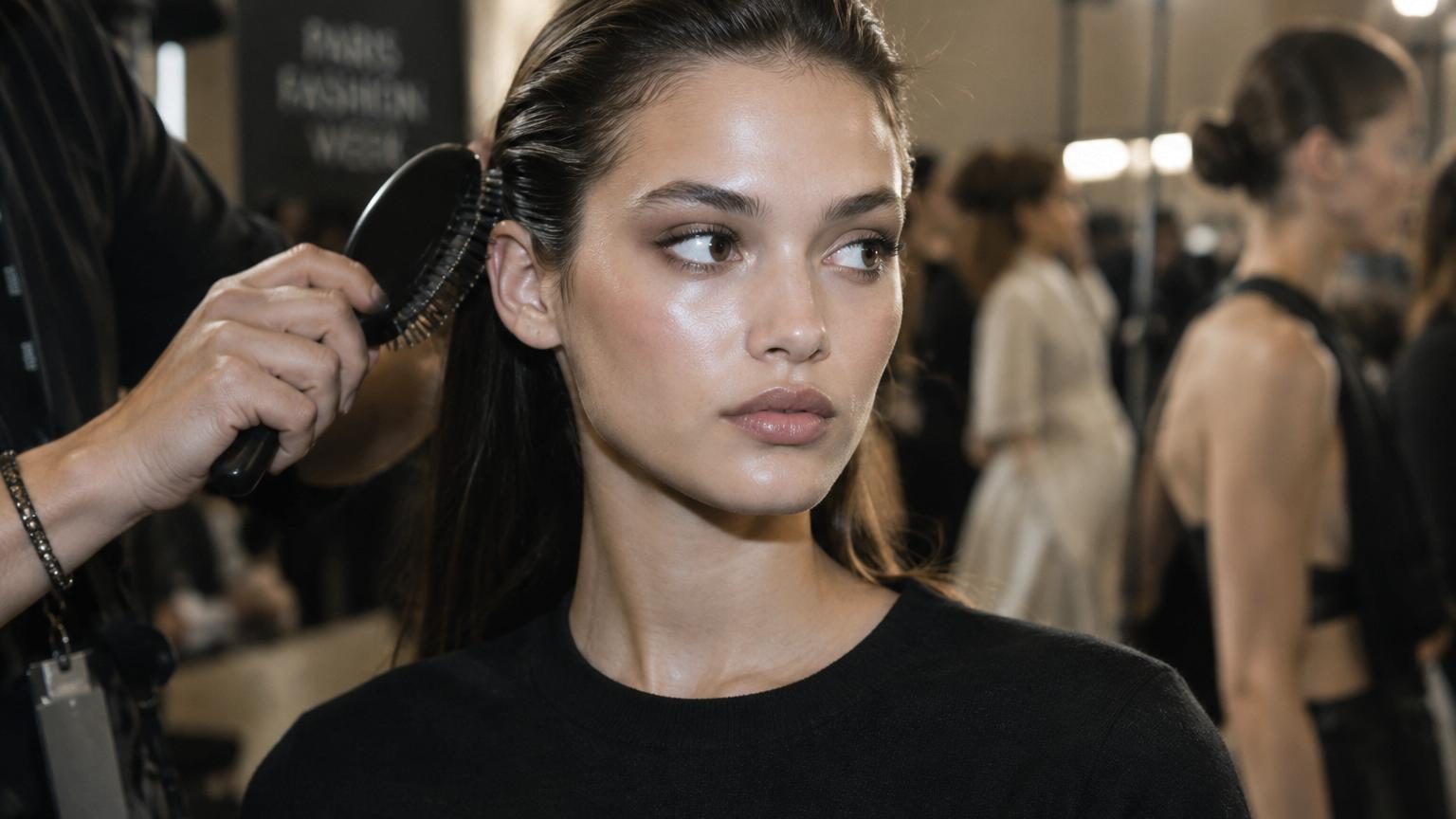 Femme aux cheveux lissés en arrière sans raie visible, cheveux dégageant le front, maquillage lumineux et minimaliste, allure sophistiquée et épurée.