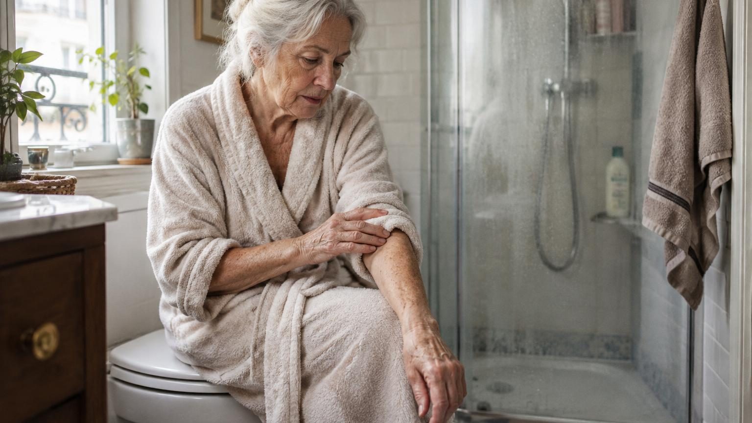 Personne âgée se lavant les mains au lavabo avec de l'eau et du savon doux, illustrant une toilette quotidienne ciblée