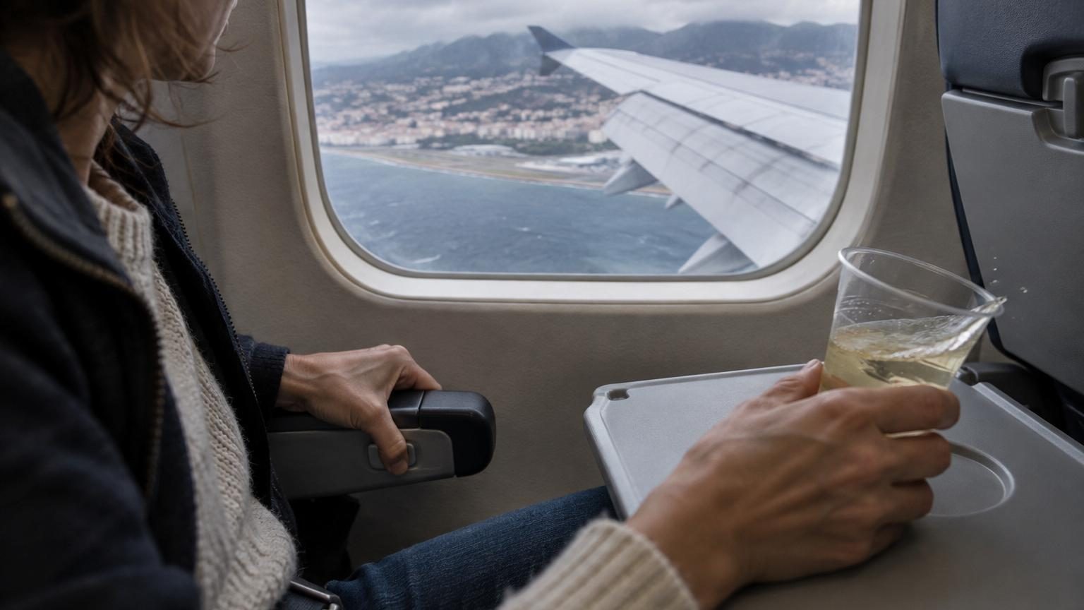 Ciel partiellement nuageux au-dessus des Alpes avec un avion en approche vers l'aéroport de Nice, montrant le relief montagneux et la côte méditerranéenne en arrière-plan.