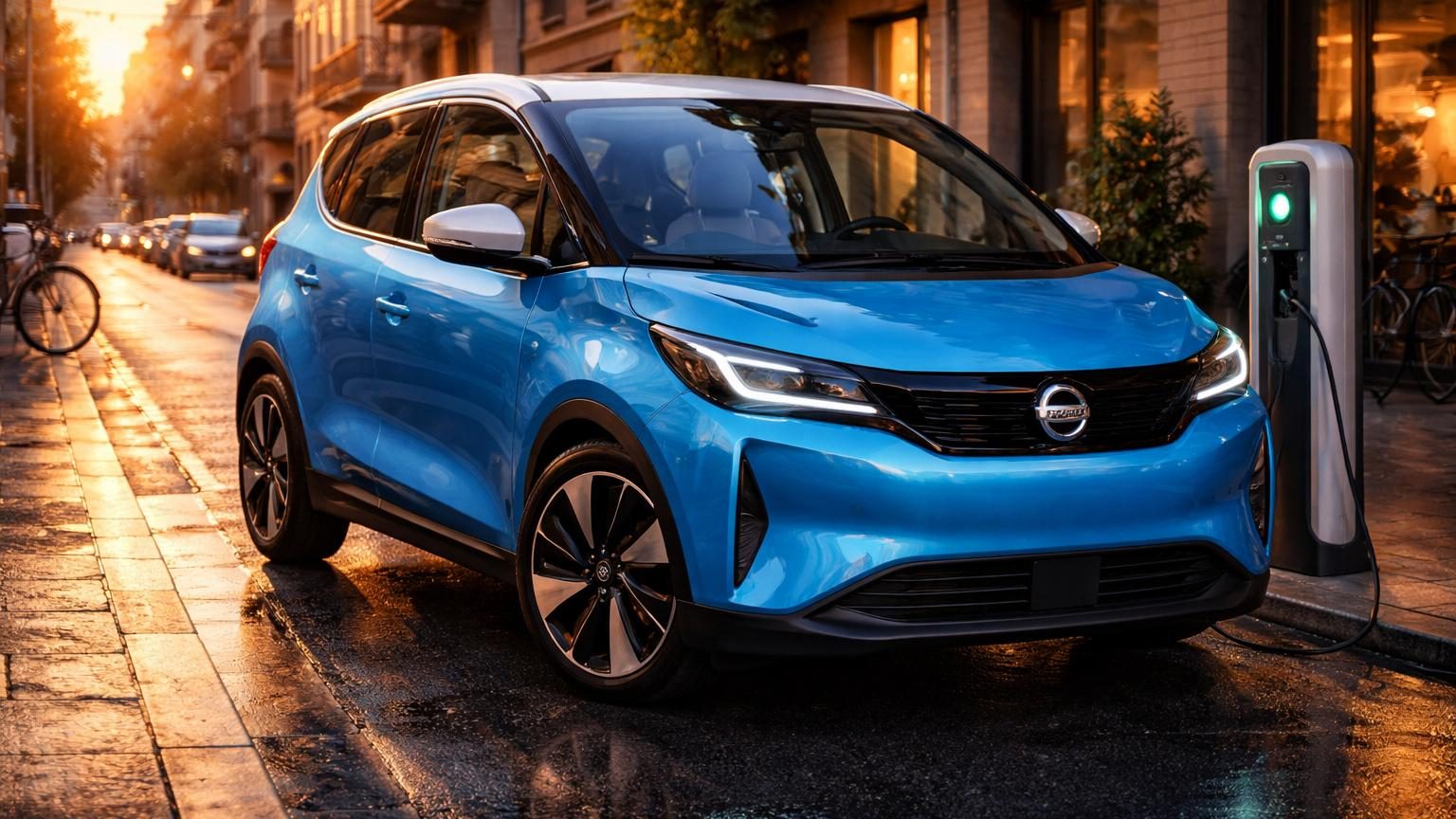 Illustration d'une Nissan Pixo électrique compacte de couleur grise, stationnée en environnement urbain dense avec immeubles en arrière-plan, mettant en avant le design minimaliste et les formes arrondies de la citadine électrique.