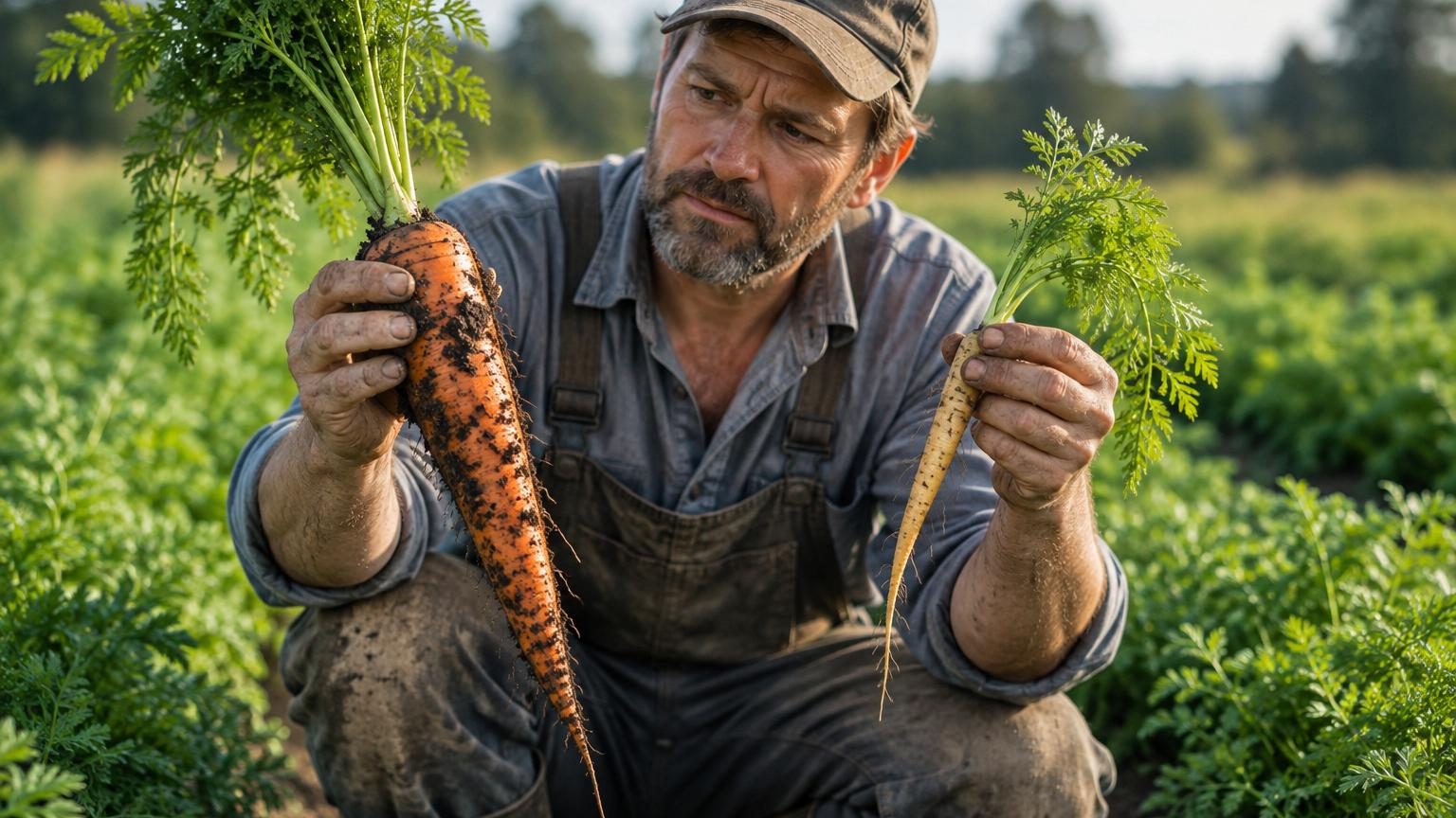 Des tomates, carottes et oignons frais colorés dans un panier de bois, symbolisant les légumes enrichis en nutriments grâce aux pratiques agricoles biologiques et aux micro-organismes du sol.