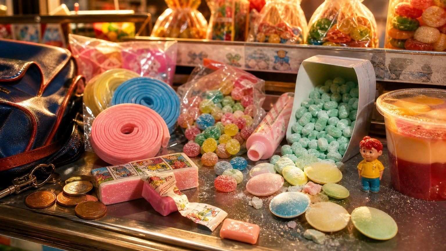 Assortiment coloré de friandises rétro des années 1980-1990 : chewing-gums, bonbons et confiseries emblématiques dans leurs emballages d'époque aux designs vifs et variés.
