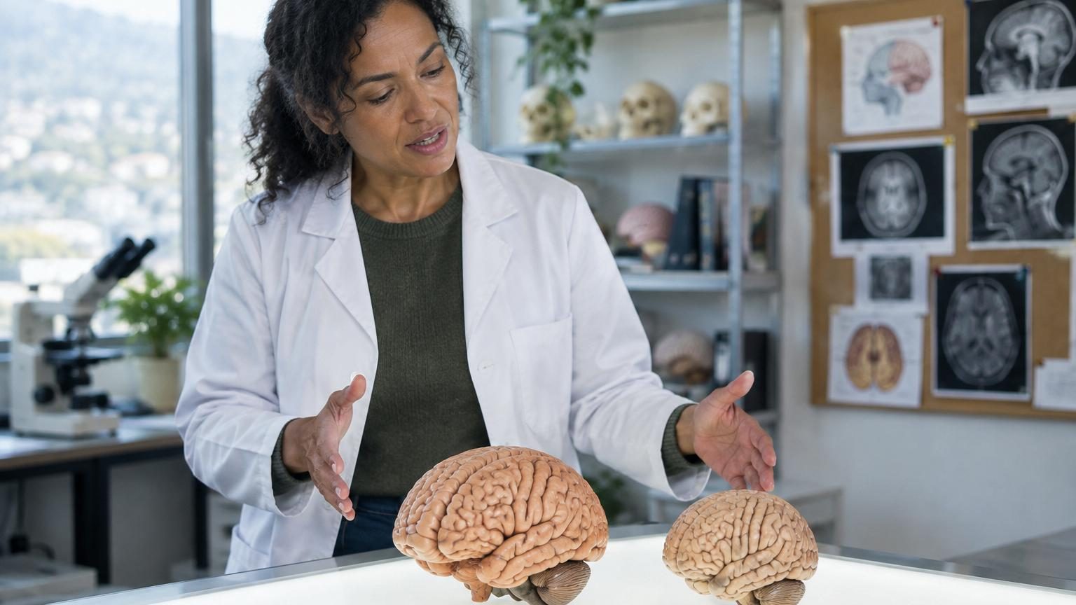 Silhouettes de deux crânes humains en profil, l'un de plus grande taille représentant nos ancêtres du Paléolithique et l'autre plus petit symbolisant le cerveau humain contemporain.