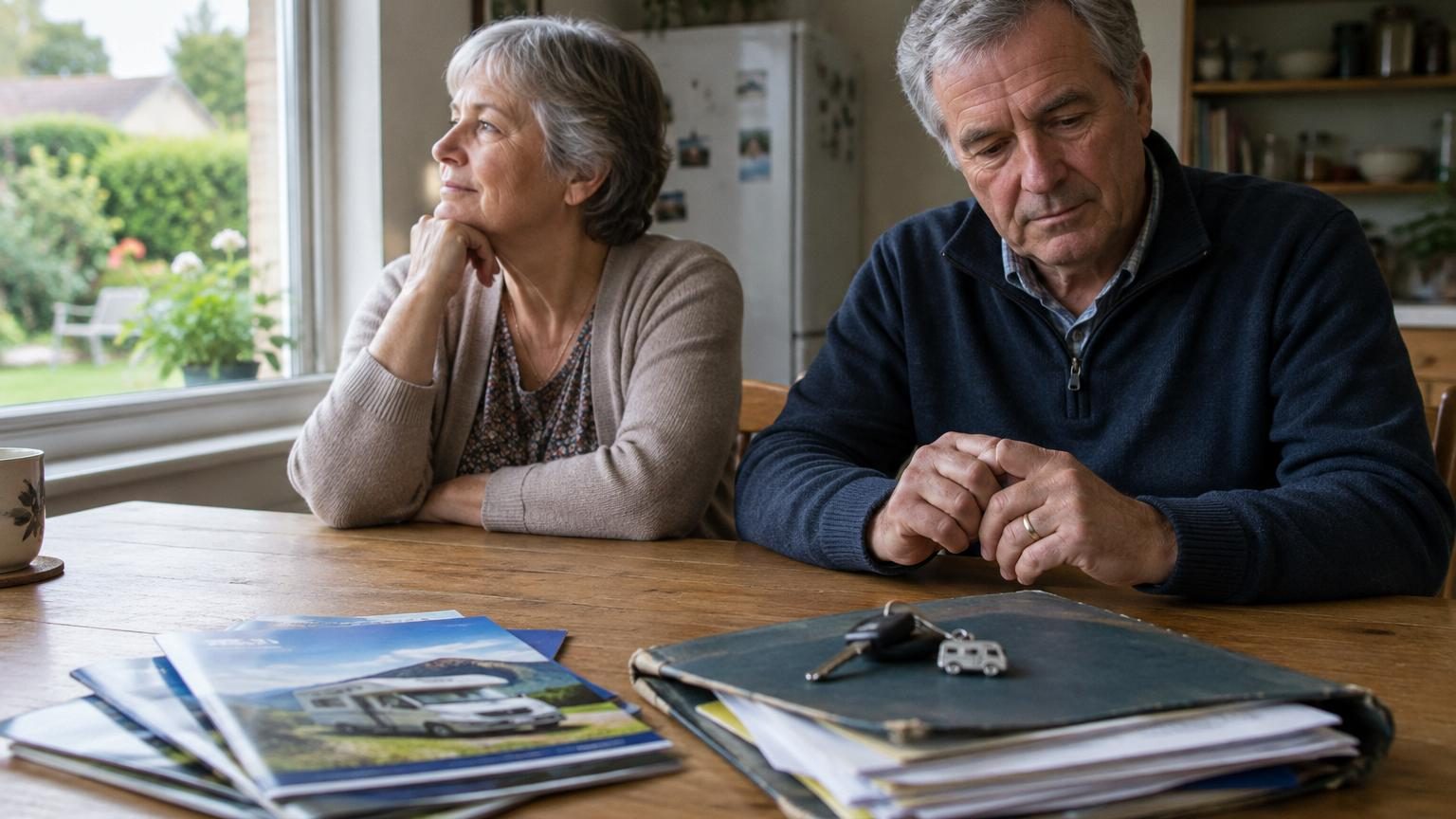 Un couple de retraités dans son jardin avec des chaises longues, symbolisant le repos et la vie sereine après avoir abandonné les voyages permanents en camping-car