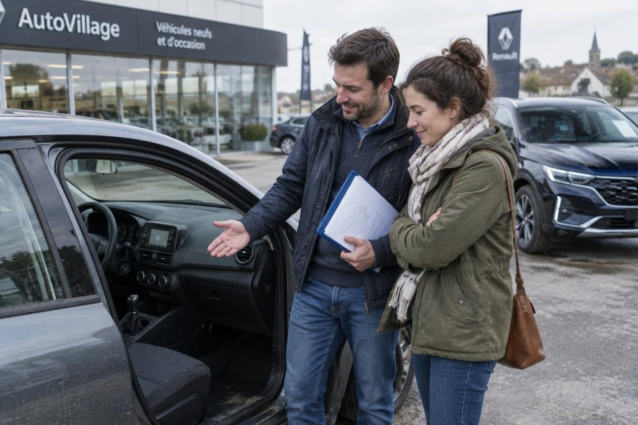 Un couple observe satisfait une voiture simple sans écran géant ni équipements superflus, symbolisant le retour aux véhicules fonctionnels et maîtrisables du quotidien.