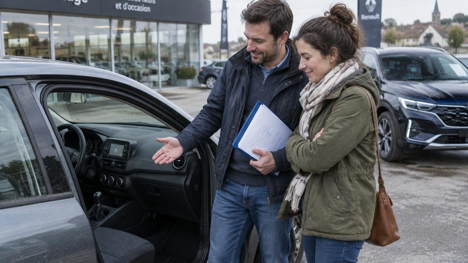 Un couple observe satisfait une voiture simple sans écran géant ni équipements superflus, symbolisant le retour aux véhicules fonctionnels et maîtrisables du quotidien.