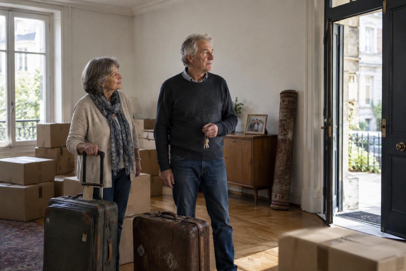 Couple de retraités heureux assis près d'une fenêtre ensoleillée dans un petit appartement minimaliste, avec des valises et des souvenirs de voyages en arrière-plan.