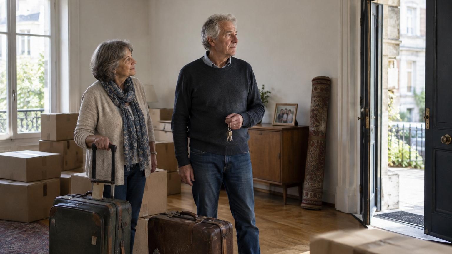Couple de retraités heureux assis près d'une fenêtre ensoleillée dans un petit appartement minimaliste, avec des valises et des souvenirs de voyages en arrière-plan.