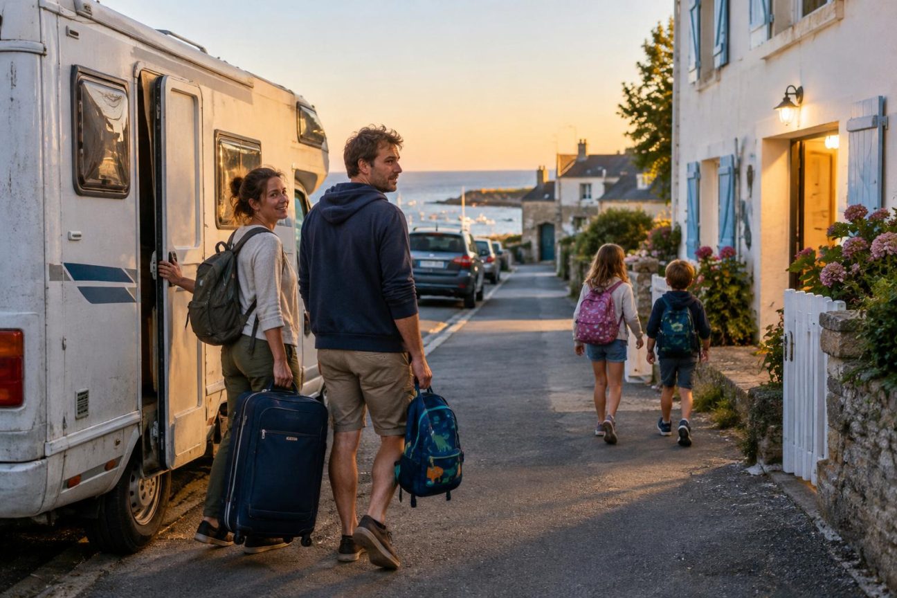 Une famille avec enfants installée confortablement dans une chambre d'hôte bien éclairée, détendus et soulagés d'avoir trouvé un logement stable pour la nuit, contrastant avec la tension du camping-car.
