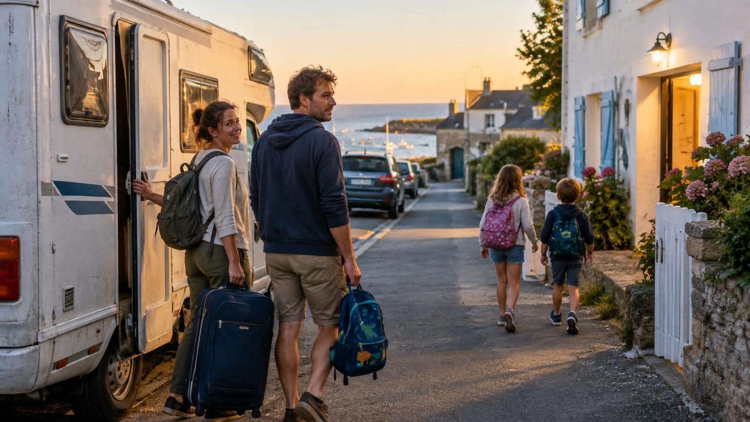 Une famille avec enfants installée confortablement dans une chambre d'hôte bien éclairée, détendus et soulagés d'avoir trouvé un logement stable pour la nuit, contrastant avec la tension du camping-car.