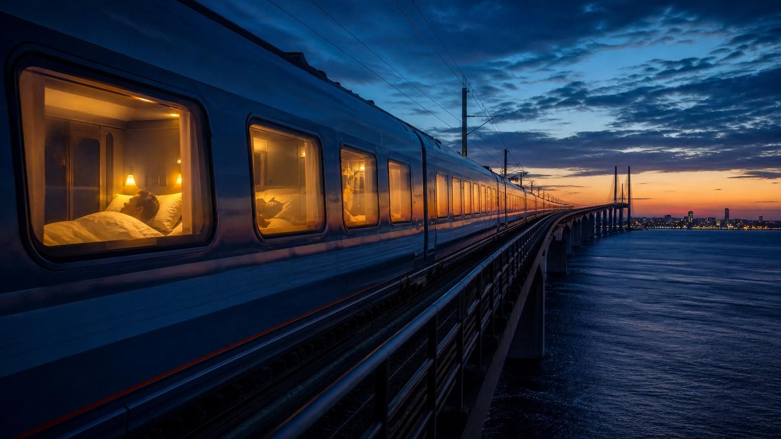 Vue d'une gare ferroviaire moderne de nuit avec un train éclairé prêt au départ, symbolisant la future liaison nocturne européenne.