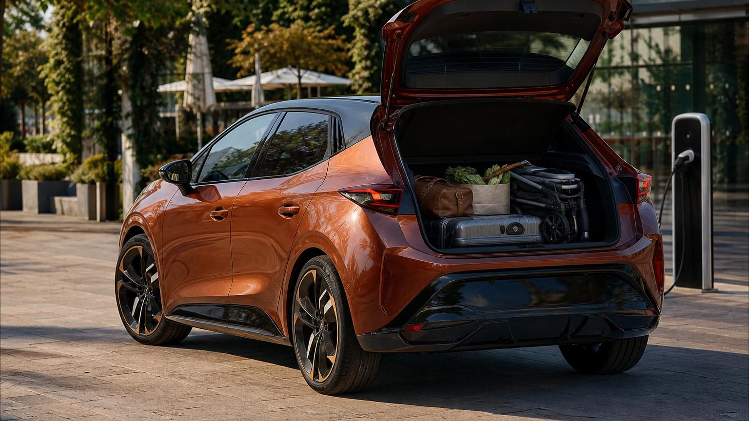 Citadine électrique Cupra Raval Plus de couleur sombre, photographiée de trois-quarts avant, avec ses proportions compactes et ses jantes alliage de 18 pouces visibles.