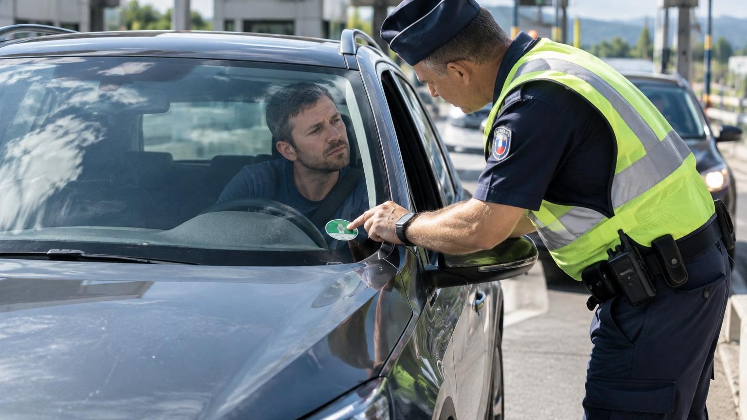 Pare-brise d'une voiture avec plusieurs autocollants: badge de parking, carte d'accès et vignette, symbolisant l'accumulation des obligations pour les frontaliers.