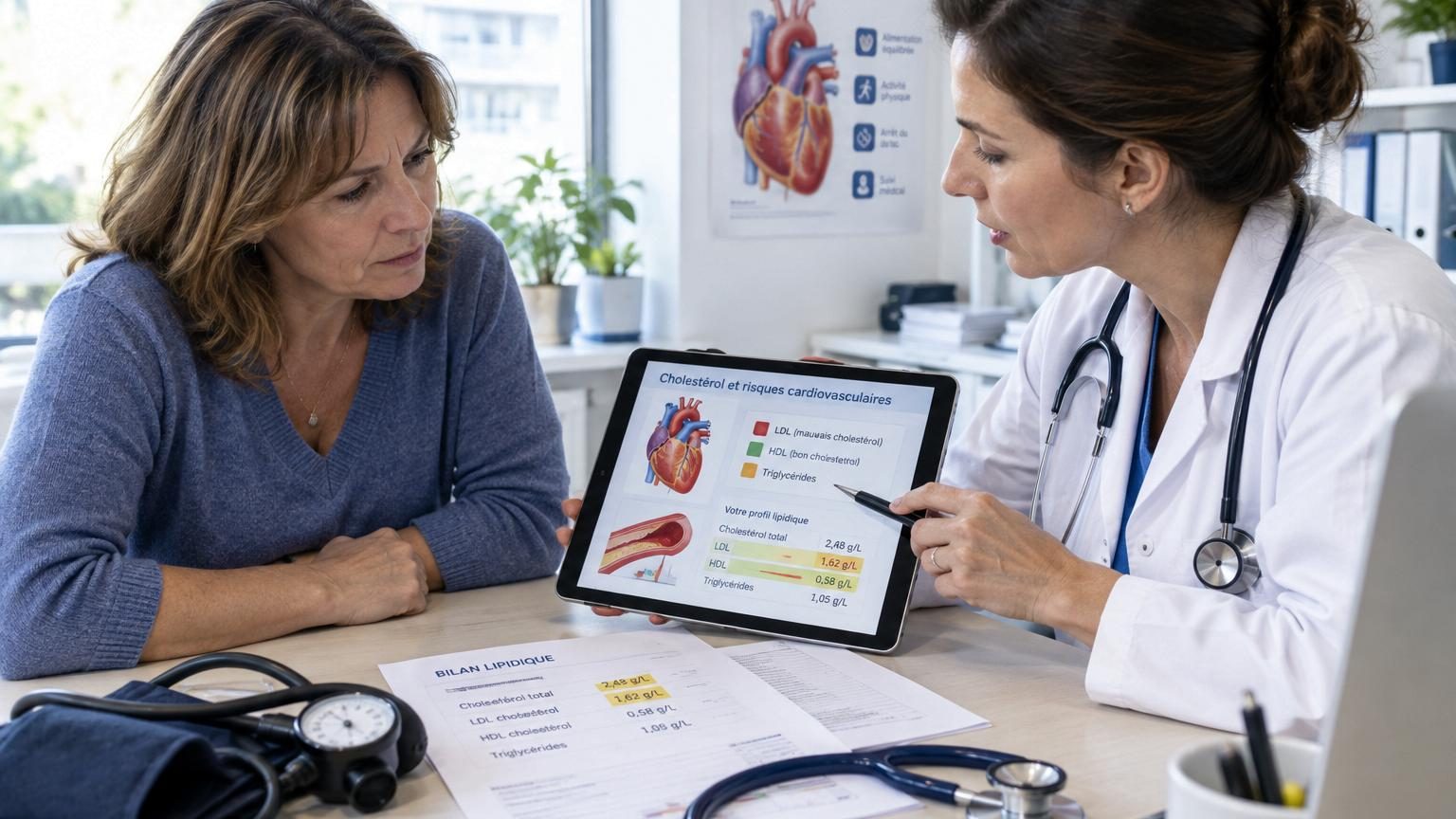 Représentation visuelle d'une calculatrice de risque cardiovasculaire avec chiffres de cholestérol LDL, tension artérielle et autres paramètres de santé cardiaque.