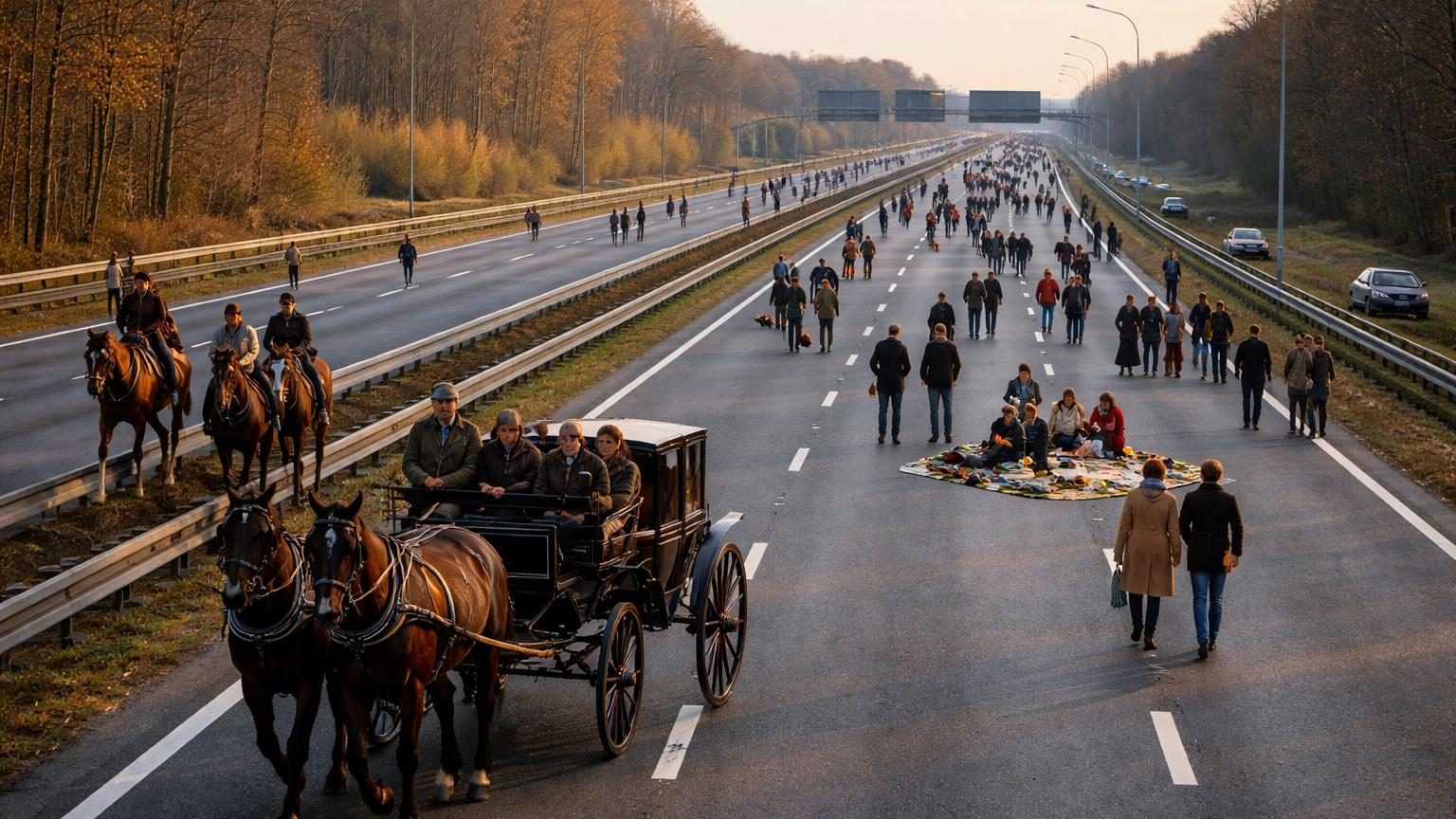 Cavaliers à cheval et diligences circulant sur une autoroute néerlandaise déserte lors d'un dimanche sans voitures en novembre 1973, illustrant la réponse créative de la population au choc pétrolier.