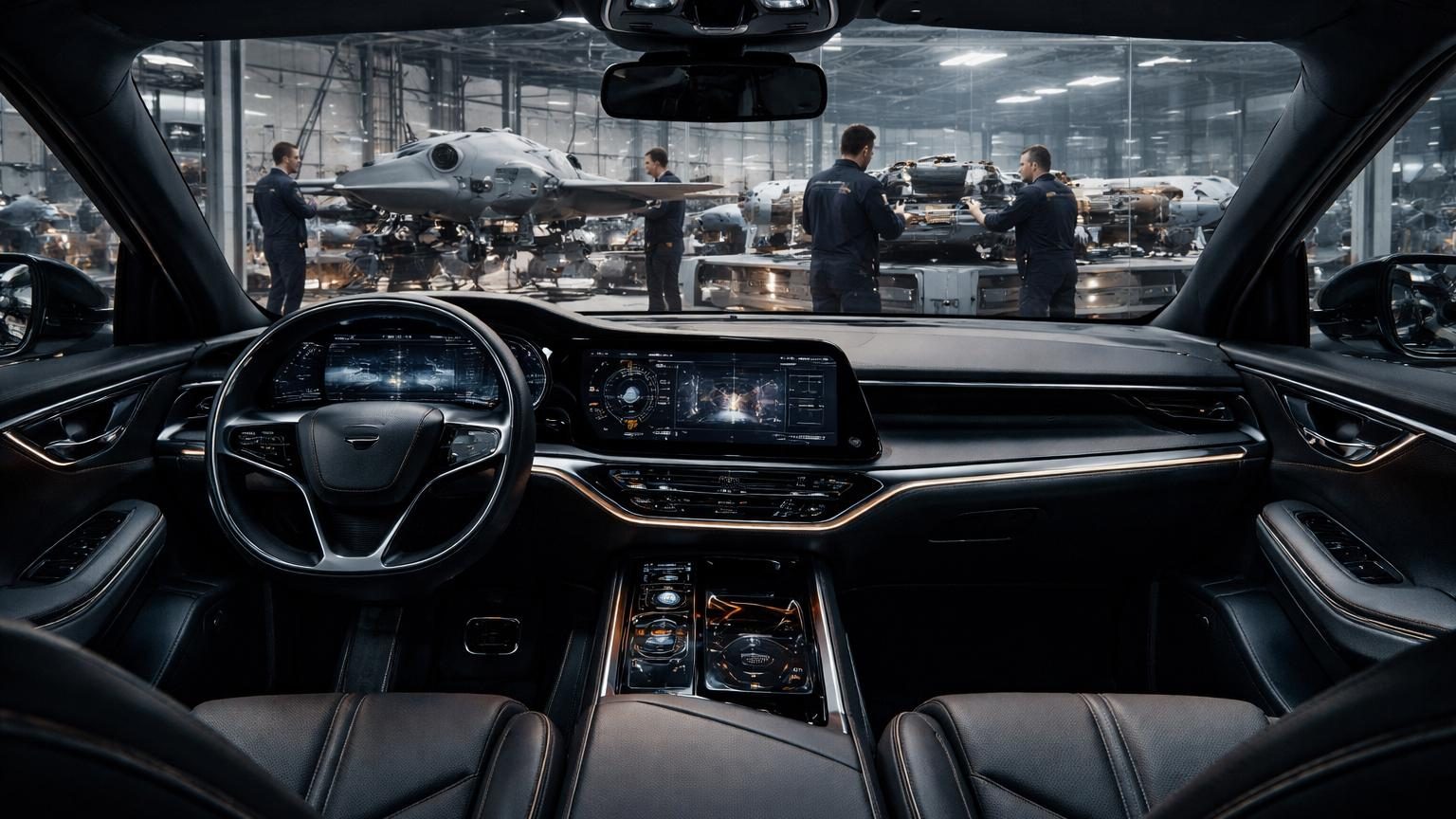 Illustration conceptuelle montrant l'intersection entre une usine automobile moderne et des technologies militaires, avec des drones et des composants électroniques de précision.