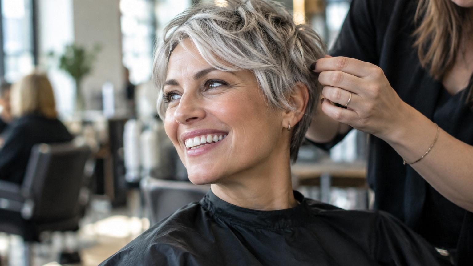 Femme aux cheveux gris naturels et lumineux, coupe structurée, peau radieuse, reflet argenté des cheveux sous la lumière, expression confiante et épanouie.