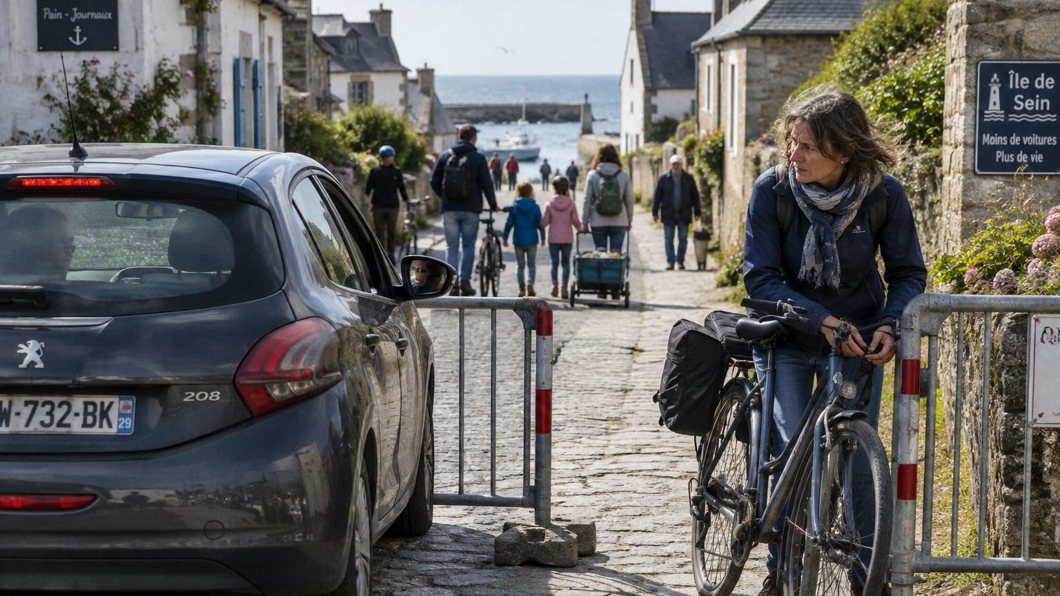 Quai portuaire calme au petit matin avec bâteaux de pêche, pavés mouillés, absence notable de voitures, goélands survolant l'eau, silhouette d'un élu et d'une habitante en discussion.
