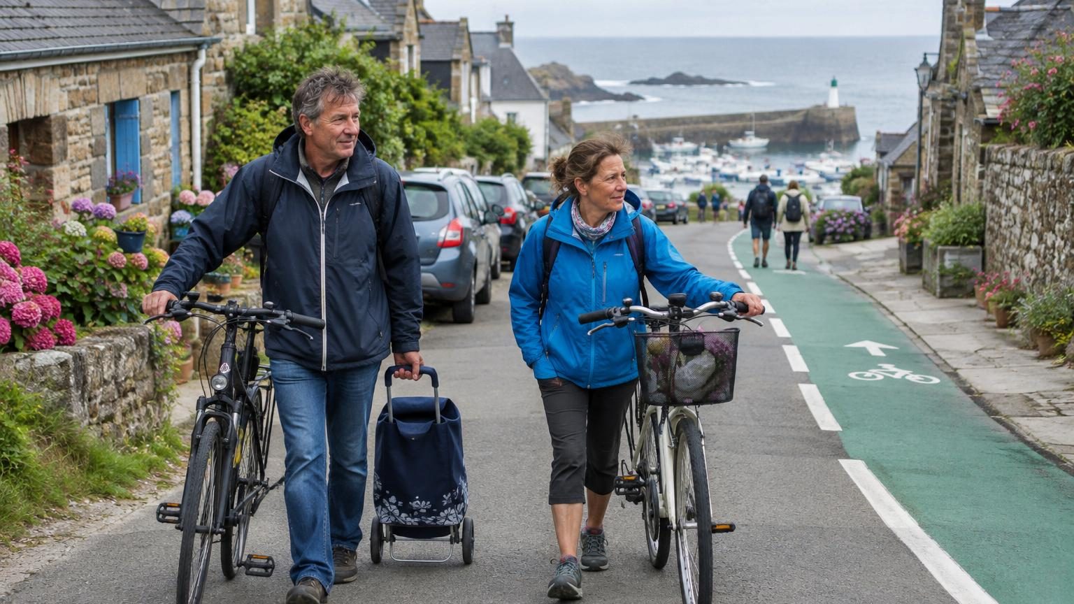 Ruelles étroites d'une île bretonne avec piétons, vélos et charrettes, sans voitures visibles, entourées de maisons côtières blanches et de l'océan.