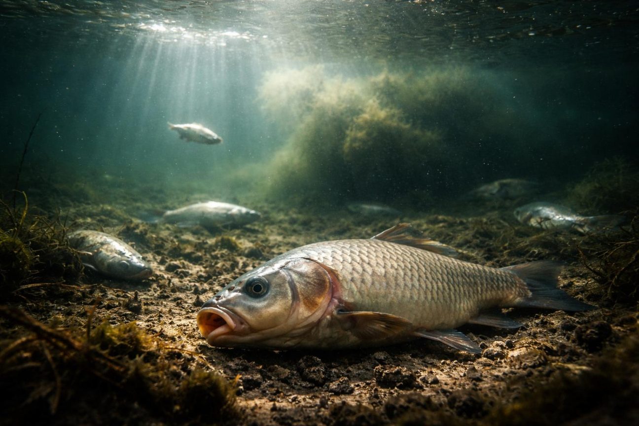 Illustration montrant un poisson dans une eau stagnante et trouble, représentant les conditions d'eutrophisation et de manque d'oxygène dissous