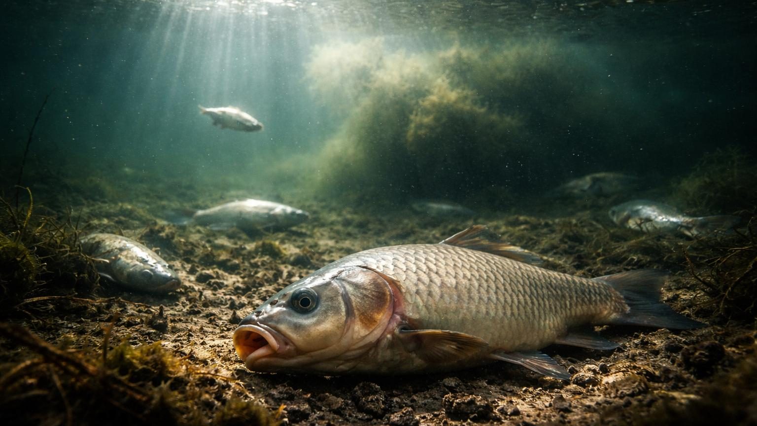 Illustration montrant un poisson dans une eau stagnante et trouble, représentant les conditions d'eutrophisation et de manque d'oxygène dissous