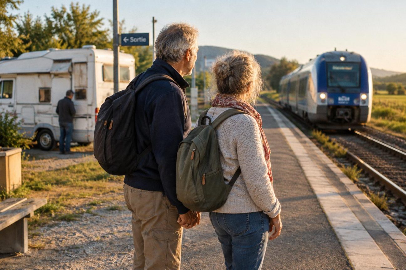 Un couple de retraités contemplant un paysage depuis une fenêtre de train, avec un sac à dos simple posé à côté d'eux, représentant leur transition du voyage ultra-organisé en camping-car au voyage minimaliste et improvisé.