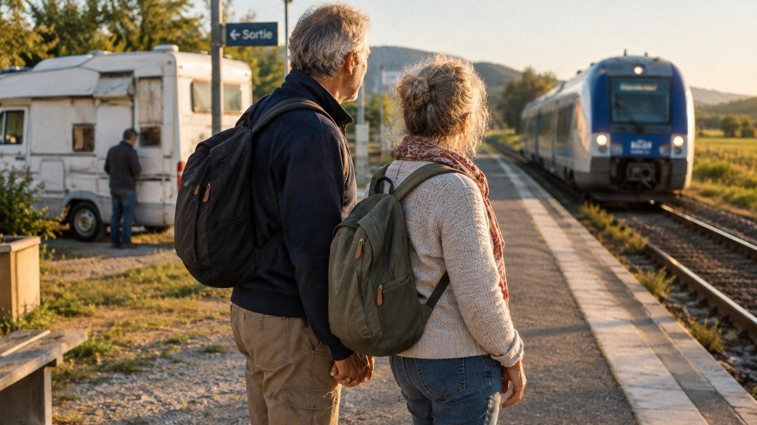 Un couple de retraités contemplant un paysage depuis une fenêtre de train, avec un sac à dos simple posé à côté d'eux, représentant leur transition du voyage ultra-organisé en camping-car au voyage minimaliste et improvisé.