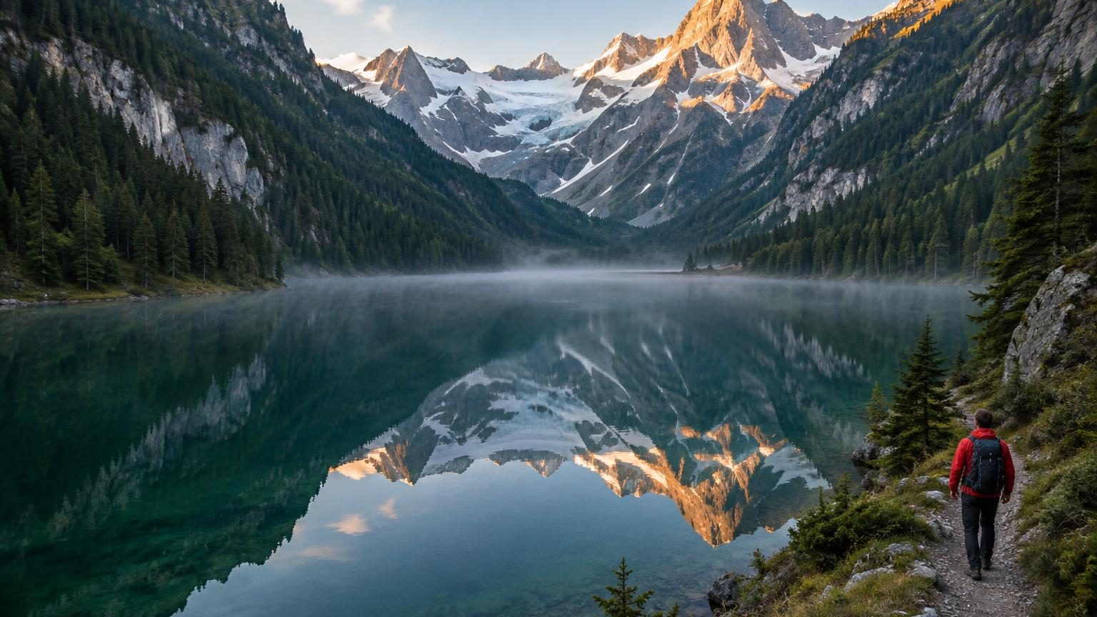 Surface turquoise d'un lac alpin entouré de forêts de conifères, dominé en arrière-plan par les sommets glaciaires du Dachstein sous un ciel changeant.