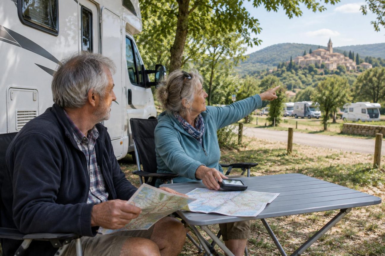 Un camping-car stationné dans les Cévennes, avec Jean et Marie assis dehors en chaises longues, observant la vallée au coucher de soleil, symbolisant le passage du voyage rapide à la détente prolongée.