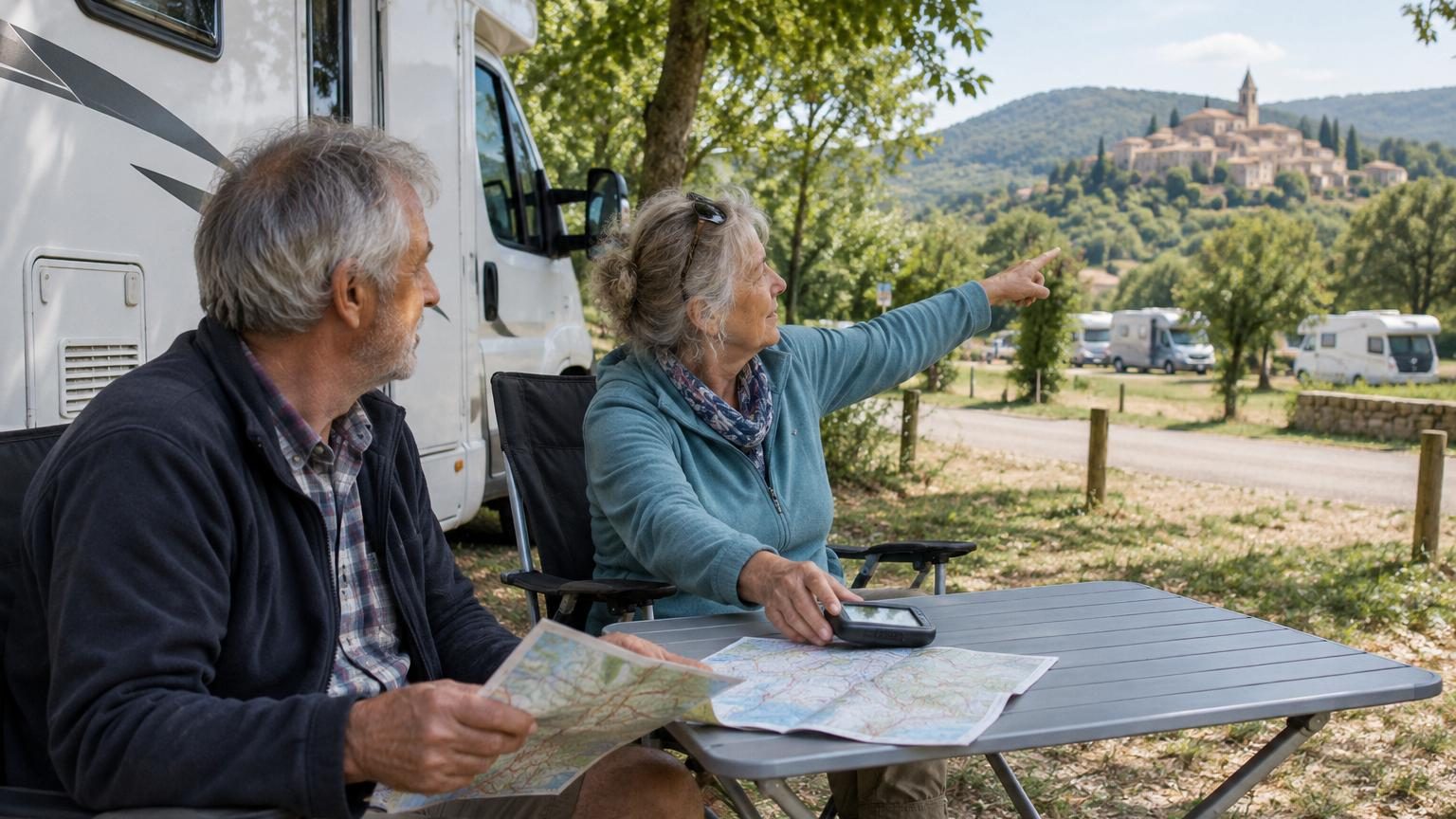 Un camping-car stationné dans les Cévennes, avec Jean et Marie assis dehors en chaises longues, observant la vallée au coucher de soleil, symbolisant le passage du voyage rapide à la détente prolongée.