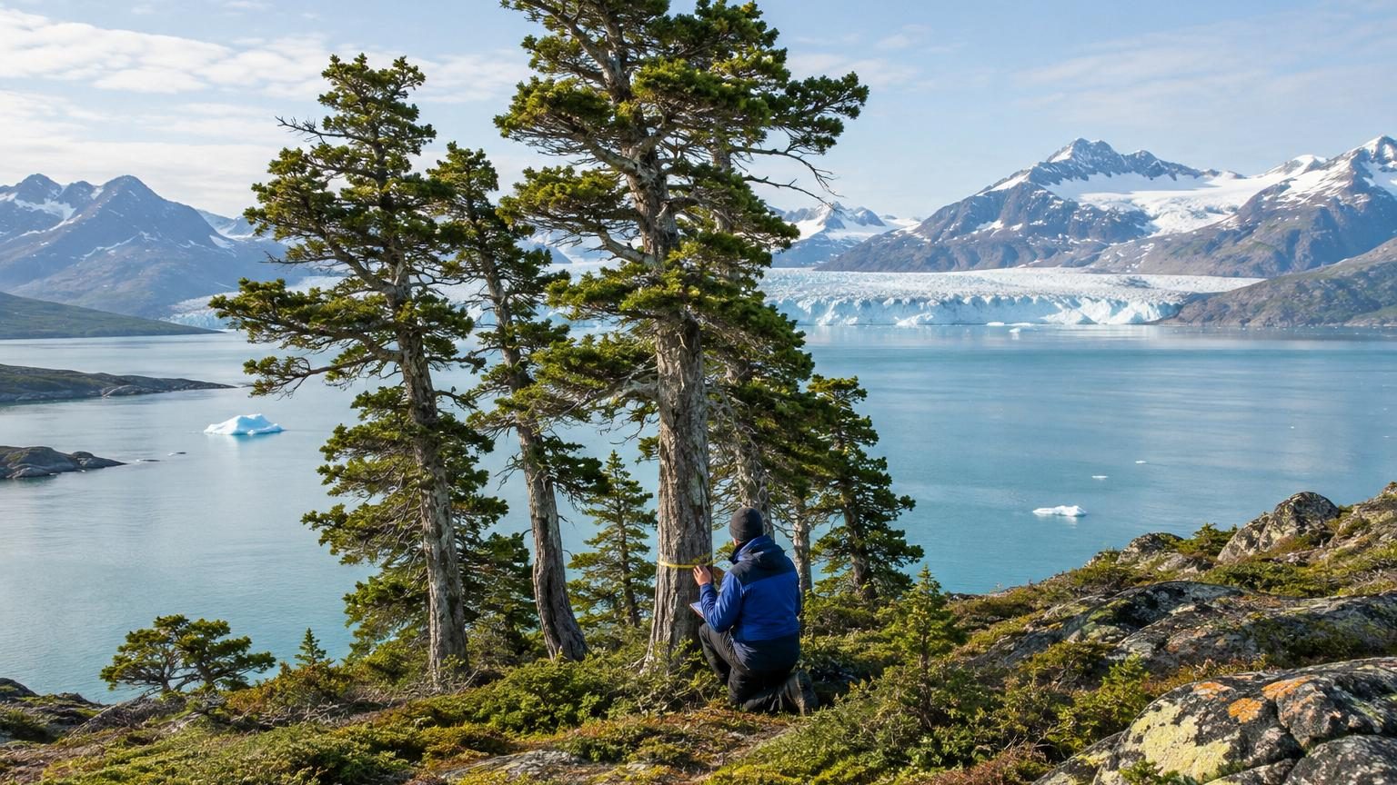 Silhouettes d'arbres sombres de plusieurs mètres aux branches noueuses, debout dans un paysage arctique enneigé au bord d'un fjord laiteux aux reflets turquoise.