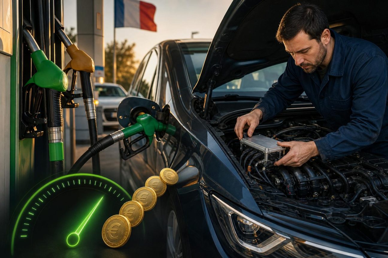 Pompe à essence d'une station-service affichant le prix du superéthanol E85 moins cher que l'essence sans-plomb classique