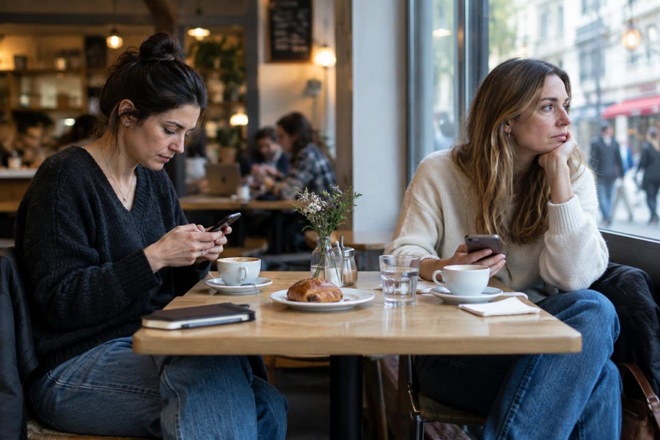 Adultes de différents âges regardant leurs téléphones avec une expression fatiguée, assis séparément, illustrant la déconnexion relationnelle malgré la connectivité numérique.