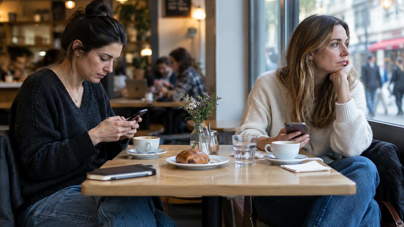 Adultes de différents âges regardant leurs téléphones avec une expression fatiguée, assis séparément, illustrant la déconnexion relationnelle malgré la connectivité numérique.