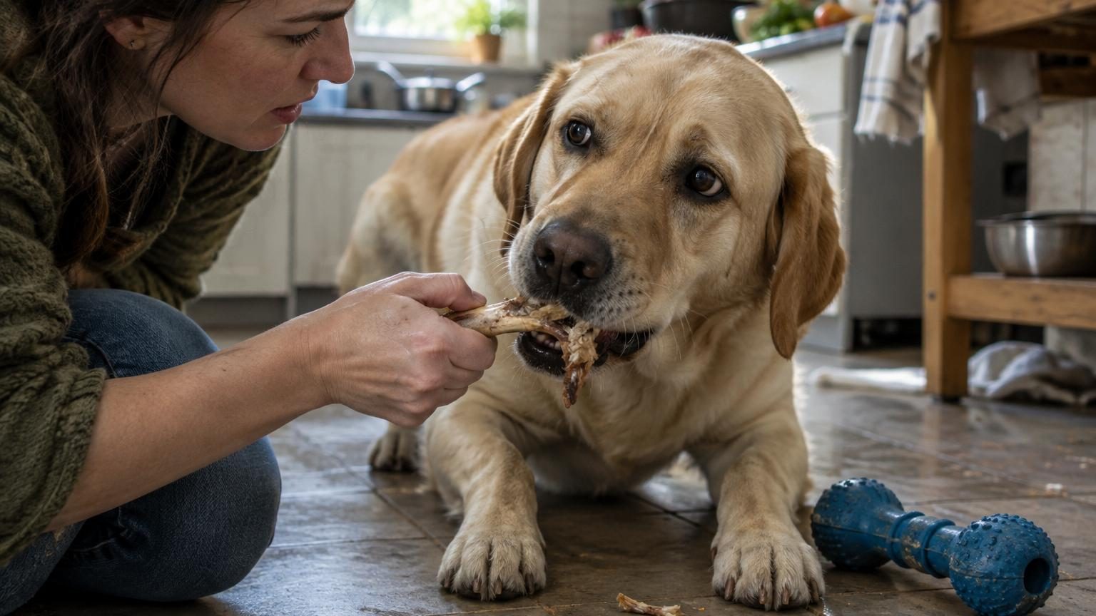 Un chien brun regarde fixement un os pointu posé devant lui, symbolisant les risques des os à mâcher pour l'animal.