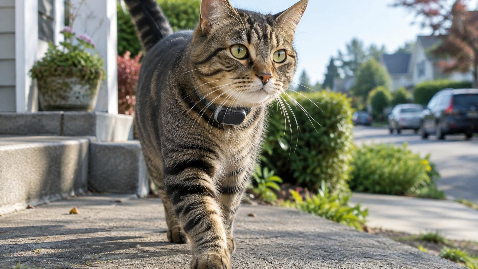 Un chat gris-blanc assis sur un muret de pierre, observant son environnement avec vigilance dans un jardin résidentiel entouré de clôtures et de végétation.