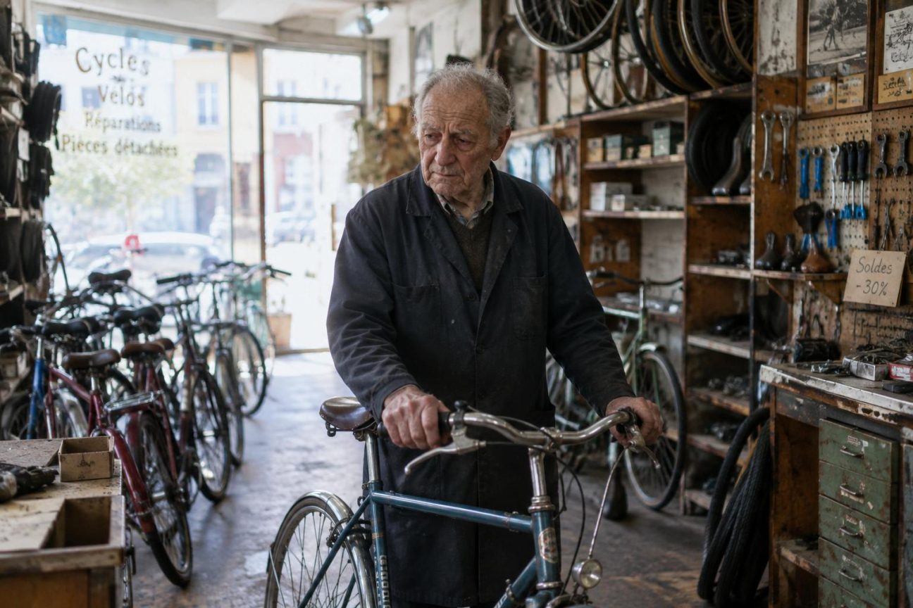 Intérieur d'un ancien magasin de vélos avec cadres en acier suspendus, photos en noir et blanc du grand-père fondateur, et maillot jauni, symboles de trois générations de commerce fermant définitivement