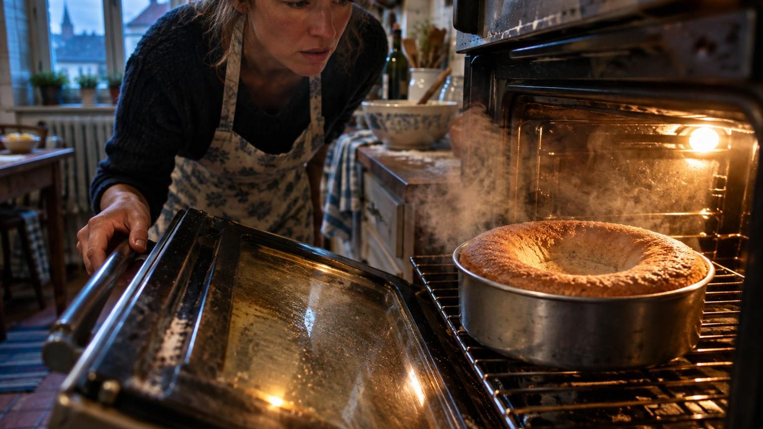 Main ouvrant la porte d'un four pendant la cuisson d'un gâteau, montrant une perte de chaleur et la fragilité de la préparation en cours.