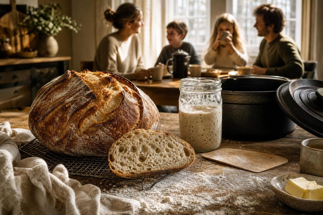 Une miche bombée de pain au levain doré et croustillant refroidit sur une grille en fil métallique en fin d'après-midi.