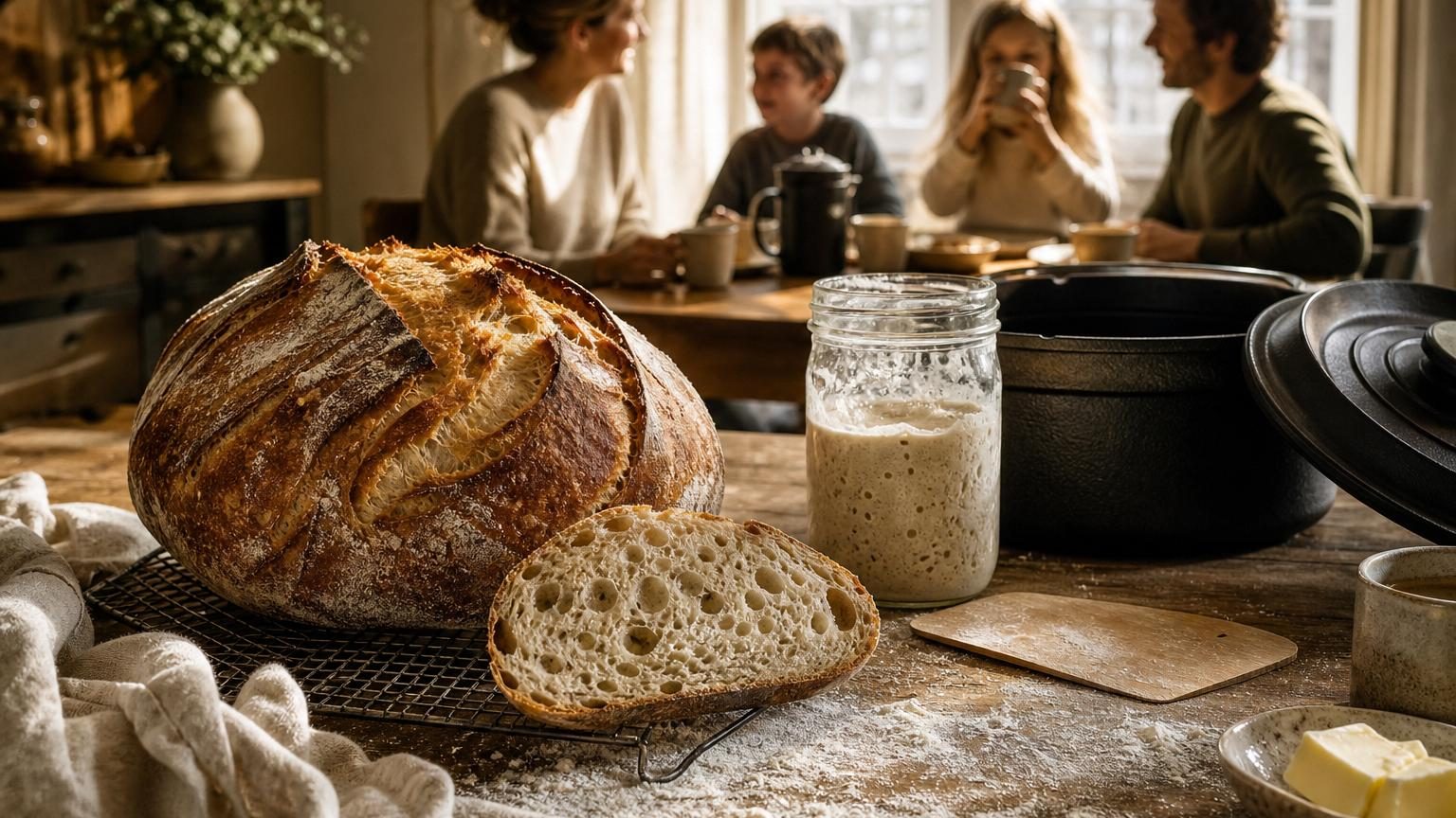 Une miche bombée de pain au levain doré et croustillant refroidit sur une grille en fil métallique en fin d'après-midi.