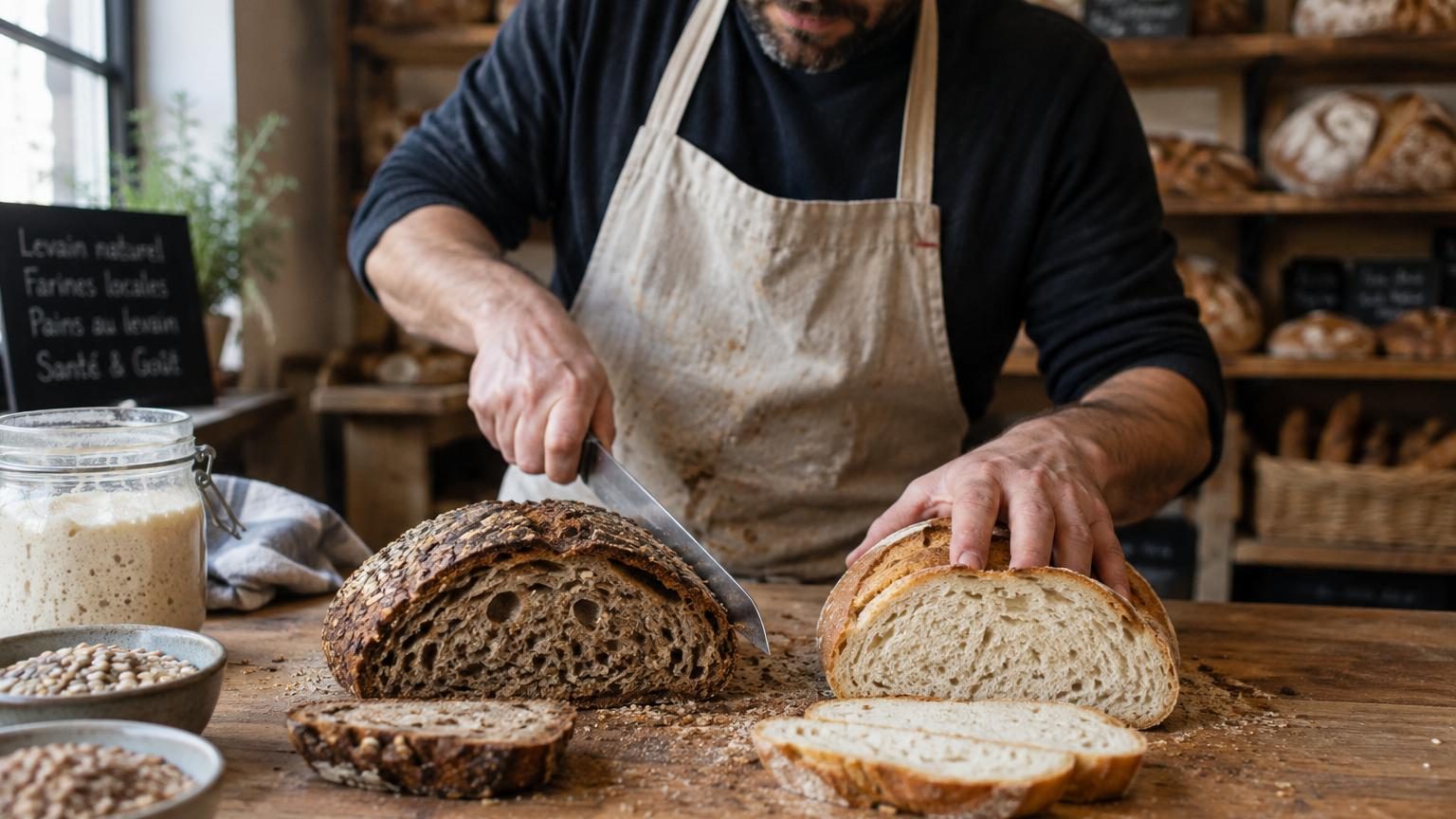 Deux tranches de pain : l'une blanche à texture légère et l'autre complète avec graines, illustrant les différences visuelles entre un pain à la levure et un pain au levain bien fermenté.