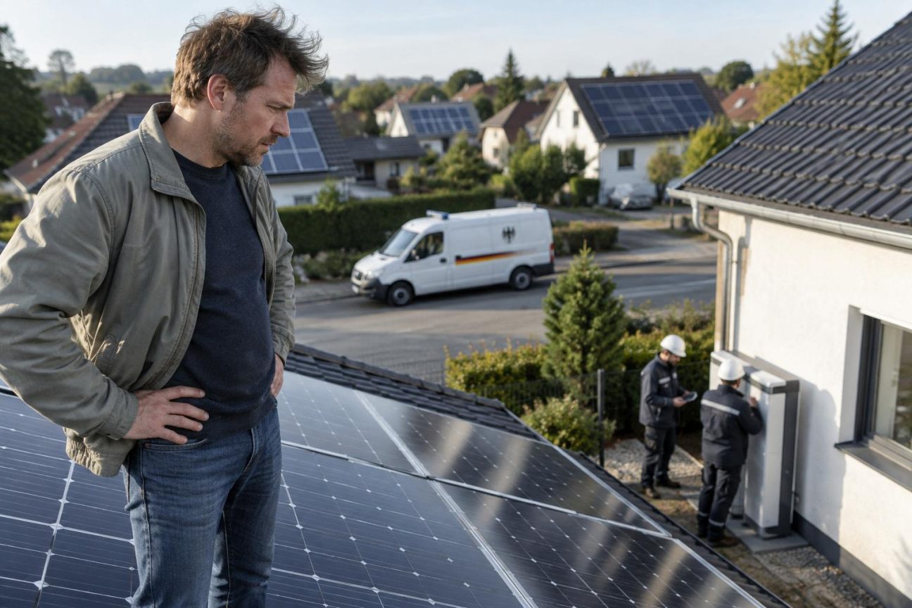 Un garage résidentiel avec une batterie domestique volumineuse connectée à une installation de panneaux solaires noirs sur le toit d'une maison