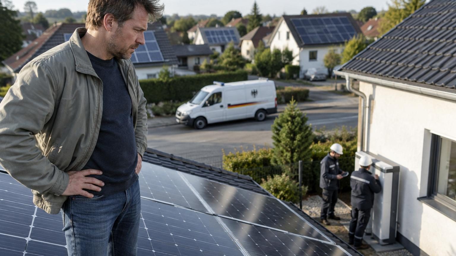 Un garage résidentiel avec une batterie domestique volumineuse connectée à une installation de panneaux solaires noirs sur le toit d'une maison