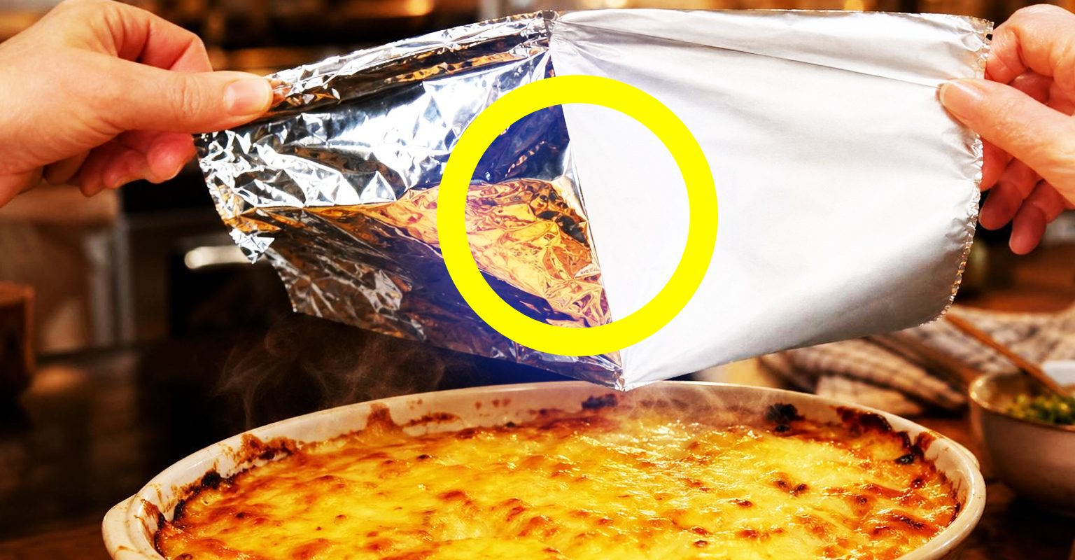 Gros plan sur une feuille de papier aluminium déroulée montrant ses deux faces, l'une brillante et l'autre mate, posée près d'un plat de gratin sortant du four.