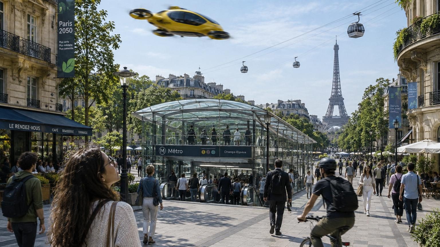 Vue aérienne futuriste de Paris avec métro souterrain visible, pistes cyclables colorées, téléphérique urbain enjambant la ville, et taxis volants électriques dans le ciel dégagé.