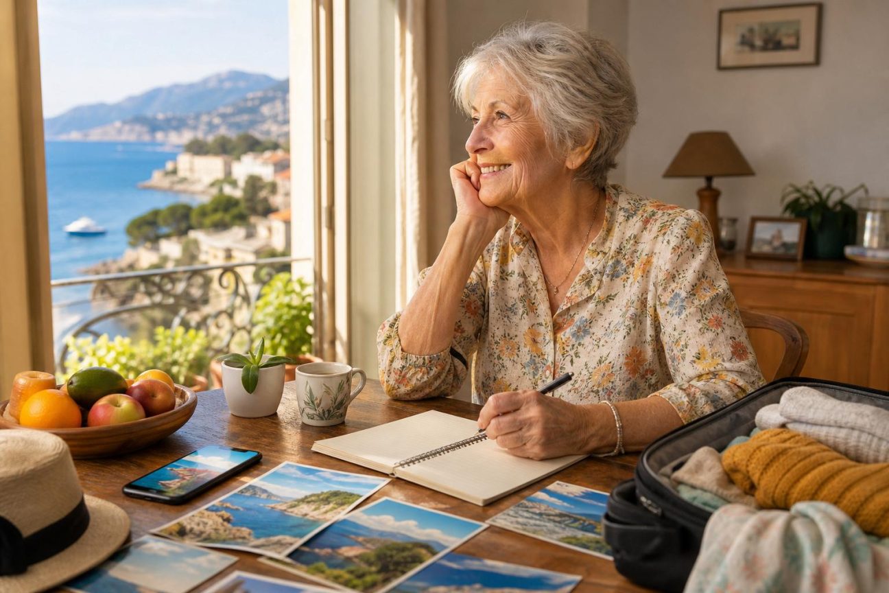 Une femme âgée examine des photos de vacances autour d'une tasse de café, symbolisant le désir de voyager malgré une petite retraite.
